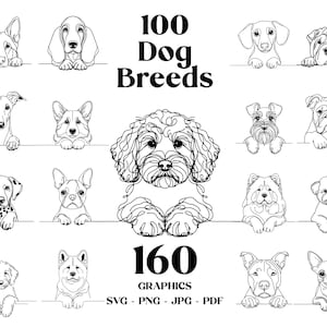 160 Dog SVG Clipart Bundle: 100 Dog Breeds in SVG, Line Art Peeking Dog Clipart, Dog Vector Graphics, Sublimation, Digital Download