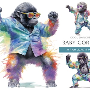 Cool Dancing Baby Gorilla Clipart, 10 High Quality PNGs, Cute Watercolor Monkeys, Digital Prints and Creative Projects, Digital Download