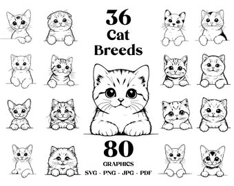 80 Peeking Cats SVG Bundle: 36 Cat Breeds, Cat PNG Clipart, Kitten Vector Graphics, Printables, Sublimation, Cricut, Digital Download