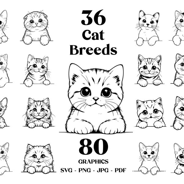 80 Peeking Cats SVG Bundle: 36 Cat Breeds, Cat PNG Clipart, Kitten Vector Graphics, Printables, Sublimation, Cricut, Digital Download