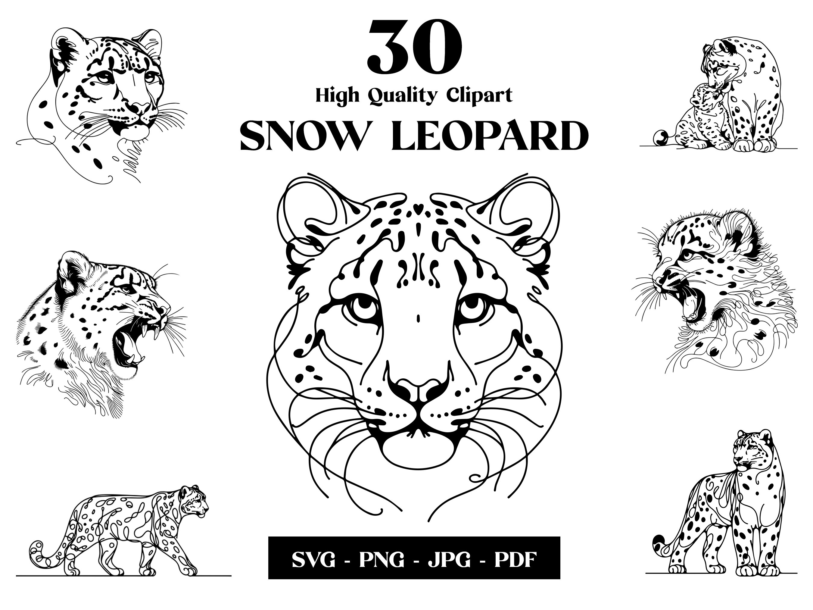 Snow Leopard SVG Clipart, Minimalist Line Art, Logo Animal