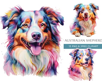 Watercolor Australian Shepherd Dog Clipart: Colorful Aussie PNGs (Digital Download)