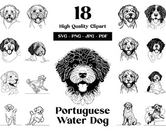 Paquete de imágenes prediseñadas de perro de agua portugués: arte lineal vectorial (descarga digital)