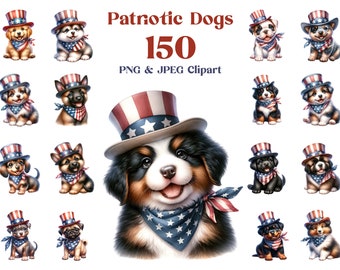 150 Dog Clipart: 100 Breeds, High-Quality PNG & JPEG, Patriotic Fourth of July Puppies, USA Independence Day, Watercolor, Digital Download