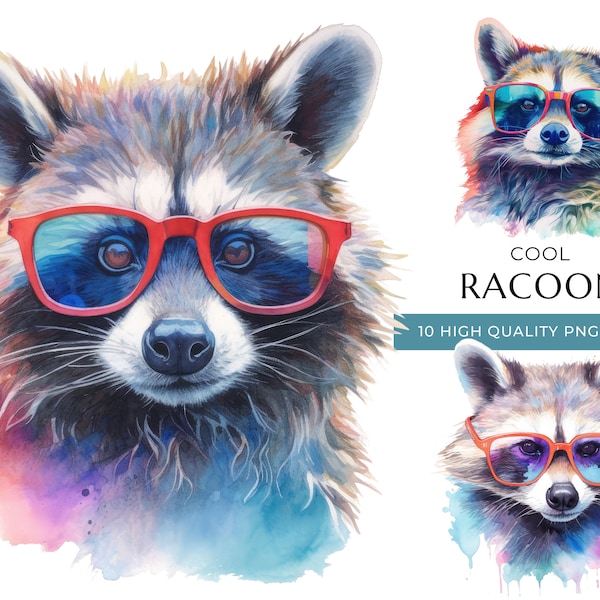 Watercolor Racoon Clipart with Sunglasses, 10 High-Quality PNG & JPEG, Cool Woodland Animal Print, Digital Crafting, Digital Download