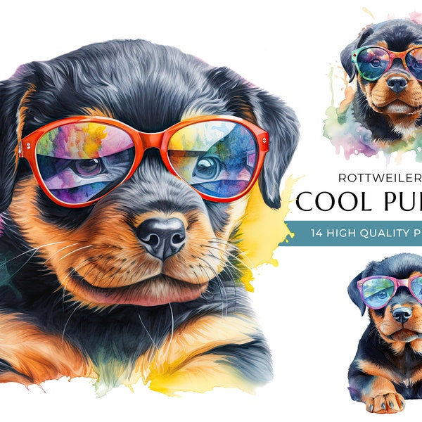 Cool Rottweiler Puppy Dog Clipart, 14 High Quality PNGs, Funny and Cute Baby Dogs with sunglasses, Digital Crafting, Digital Download