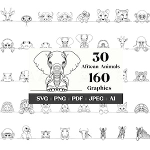 160 Peeking Animals SVG Bundle: 30 animali africani in Line Art, Clipart di animali selvatici, leone, elefante, file SVG di tartaruga, download digitale