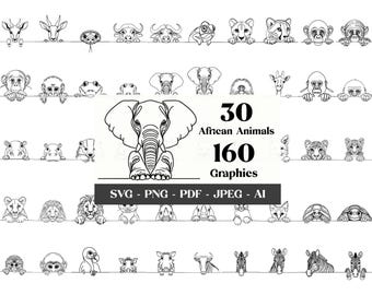 Peeking African Animals SVG Bundle: Line Art Clipart (Digital Download)