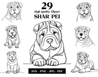 May include: A set of 29 black and white line art illustrations of Shar Pei dogs in various poses. The illustrations are high quality and perfect for use in digital or print projects.  SVG - PNG - JPG - PDF