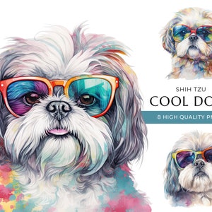 Coole Shih Tzu Hund Clipart, 8 hochwertige PNGs, lustige Hunde mit Sonnenbrille Aquarell Druck, digitales Basteln, digitaler Download