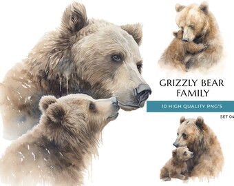 Watercolor Mom and Baby Bear Clipart: Grizzly Family PNGs (Digital Download)