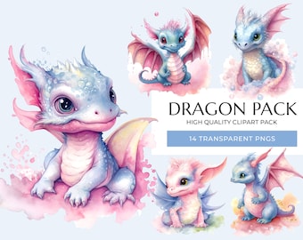 Baby Dragon Watercolor Clipart: Nursery Fantasy PNG (Digital Download)