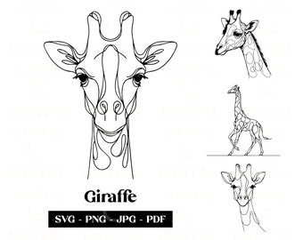 May include: A line drawing of a giraffe's head, a giraffe walking, and a giraffe's head with its neck bent. The text "Giraffe" is below the first image and the text "SVG - PNG - JPG - PDF" is below that.