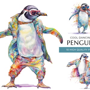 クールなダンスペンギンのクリップアート、10 種類の高品質 PNG、面白い水彩画の動物、デジタル プリントとクリエイティブ プロジェクト、デジタル ダウンロード