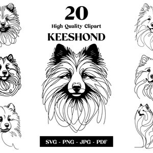 Keeshond SVG & PNG clipart bundel: digitale lijntekeningen, minimalistische vectorhondtekening voor sublimatie, hondenliefhebber, puppy digitale download