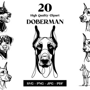 Doberman SVG & PNG Clipart Bundle: Arte de línea digital, dibujo de perro vectorial minimalista para sublimación, amante de los perros, descarga digital de cachorros