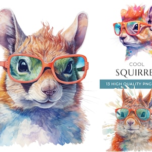 Watercolor Squirrel Clipart with Sunglasses, 13 High-Quality PNG & JPEG, Cool Woodland Animal Print, Digital Crafting, Digital Download