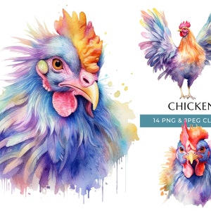 Clipart de pollo - 14 PNGs y JPEG de alta calidad - Animal de granja de acuarela colorido - Elaboración digital - Descarga digital instantánea