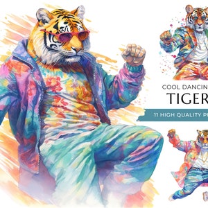 Cool Dancing Tiger Clipart, 11 High Quality PNGs, Funny Watercolor Animals, Digital Prints and Creative Projects, Digital Download