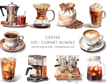 Watercolor Coffee Clipart: 110+ PNG & JPEG Images (Digital Download)
