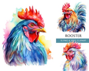 Watercolor Rooster Clipart – Colorful Farm Animal PNG, JPEG (Digital Download)