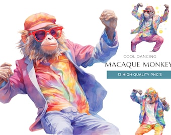 Dancing Macaque Watercolor Clipart: Funny Monkey PNGs (Digital Download)