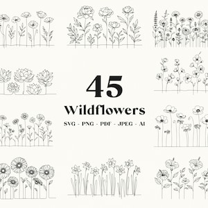 45 fleurs sauvages SVG | Élégant floral svg, png, pdf, jpeg, ai | Art botanique printanier vectoriel | Graphiques au trait, téléchargement numérique