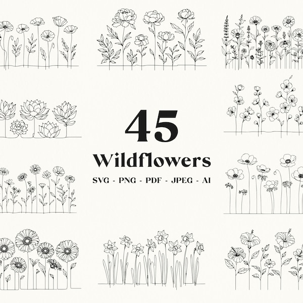 45 Wildflower Line Art SVG Bundle: Elegant Floral Graphics (Digital Download)