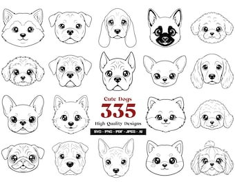 Puede incluir: Ilustración en blanco y negro de 15 cabezas de perros de diferentes razas. Incluye el texto "Cute Dogs 335 High Quality Designs" con opciones de formato de archivo.