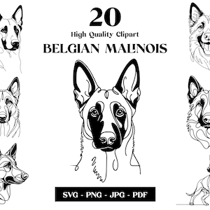 Pacchetto Clipart SVG e PNG Malinois belga: Digital Line Art, Disegno vettoriale minimalista per sublimazione, Amante dei cani, Download digitale