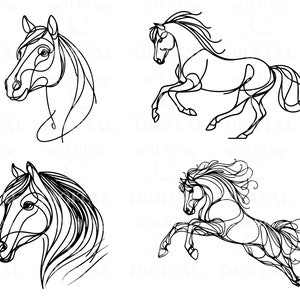 Pu&ograve; includere: Quattro disegni a linea di cavalli. Due disegni sono di una testa di cavallo e del collo, e due disegni sono di un cavallo che corre. I disegni sono in bianco e nero.