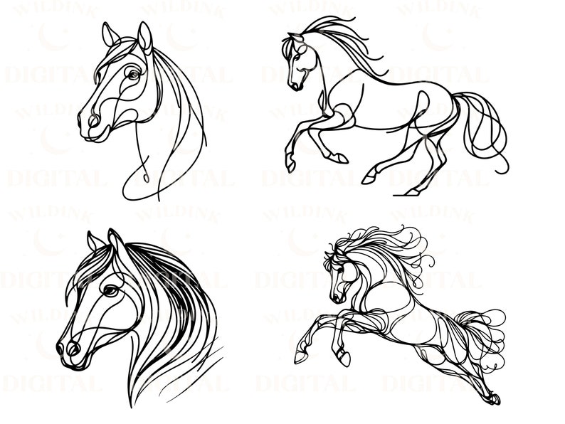 Pu&ograve; includere: Quattro disegni a linea di cavalli. Due disegni sono di una testa di cavallo e del collo, e due disegni sono di un cavallo che corre. I disegni sono in bianco e nero.