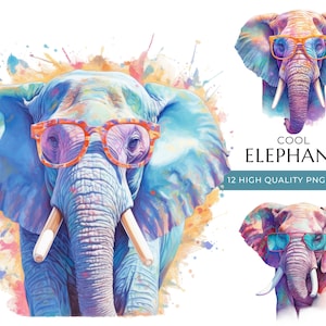 Clipart de elefante aquarela com óculos de sol, 12 PNG e JPEG de alta qualidade, impressão de animal Safari legal, artesanato digital, download digital