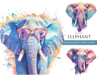 Clipart di elefante ad acquerello con occhiali da sole: stampa di animali da safari (download digitale)