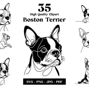 Boston Terrier Hund SVG & PNG Clipart Bundle: Digitale Linie Kunst, minimalistische Vektor Hund Zeichnung für Sublimation, Welpe digitaler Download
