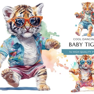 Cool Dancing Baby Tiger Clipart, 14 High Quality PNG, Cute Watercolor Animals, Digital Prints and Creative Projects, Digital Download