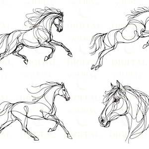 Pu&ograve; includere: Quattro disegni a linea di cavalli in varie pose. I cavalli sono rappresentati in uno stile minimalista, con solo i loro contorni visibili. I disegni sono tutti in bianco e nero.