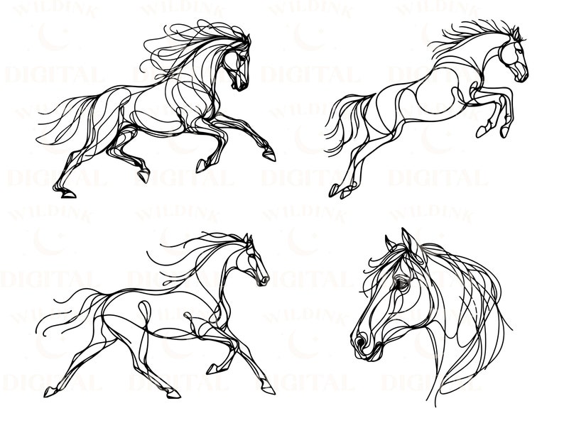 Pu&ograve; includere: Quattro disegni a linea di cavalli in varie pose. I cavalli sono rappresentati in uno stile minimalista, con solo i loro contorni visibili. I disegni sono tutti in bianco e nero.