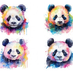 May include: Four watercolor paintings of panda bears with colorful splashes of paint. Each panda has a different color scheme, with shades of blue, green, yellow, orange, pink, and purple.