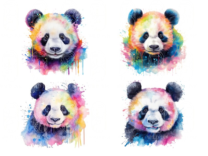 May include: Four watercolor paintings of panda bears with colorful splashes of paint. Each panda has a different color scheme, with shades of blue, green, yellow, orange, pink, and purple.