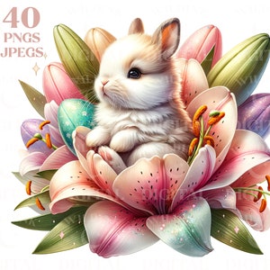 Watercolor Easter Bunny and Flowers Clipart Bundle 40 High Quality PNG & JPEG, Digital Download, Junk Journals, Sublimation