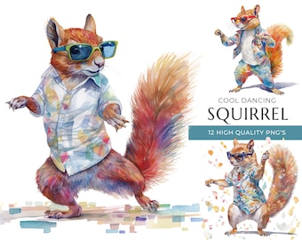 Cool danse écureuil Clipart, 12 PNG de haute qualité, animaux aquarelle drôle, impressions numériques et projets créatifs, téléchargement numérique
