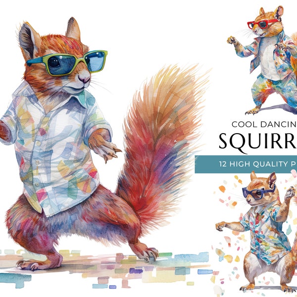 Cool Dancing Squirrel Clipart, 12 High Quality PNGs, Funny Watercolor Animals, Digital Prints and Creative Projects, Digital Download