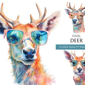 Clipart de cerf aquarelle avec lunettes de soleil, 12 PNG de haute qualité et JPEG, Cool Woodland Animal Print, artisanat numérique, téléchargement numérique