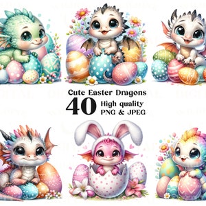 Easter Dragons Clipart Bundle 40 High Quality PNG & JPEG, Watercolor Cute Dragons PNG, Spring Clipart, Fantasy Clipart, Sublimation