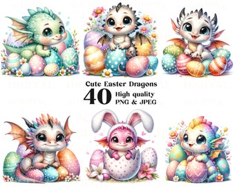 Watercolor Easter Dragons Clipart, Fantasy Art (PNG & JPEG)