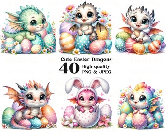 Easter Dragons Clipart Bundle 40 High Quality PNG & JPEG, Watercolor Cute Dragons PNG, Spring Clipart, Fantasy Clipart, Sublimation