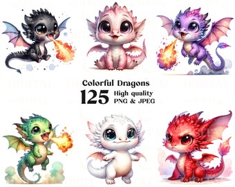 May include: Six colorful cartoon dragons with large eyes and wings. The dragons are in various poses, including breathing fire, flying, and sitting. The text "Colorful Dragons 125 High quality PNG & JPEG" is at the bottom of the image.