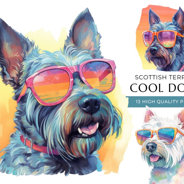 Cool Scottish terrier Dog Clipart, 13 High Quality PNGs, Funny Dogs with sunglasses Watercolor Prints, Digital Crafting, Digital Download