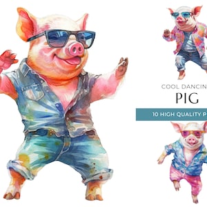 Cool Dancing Pig Clipart, 10 High Quality PNGs, Funny Watercolor Animals, Digital Prints and Creative Projects, Digital Download